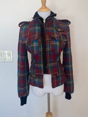 Gaetano Navarra Plaid Short Jacket Flight Bomber Wool Blend Italy size 42 US 6